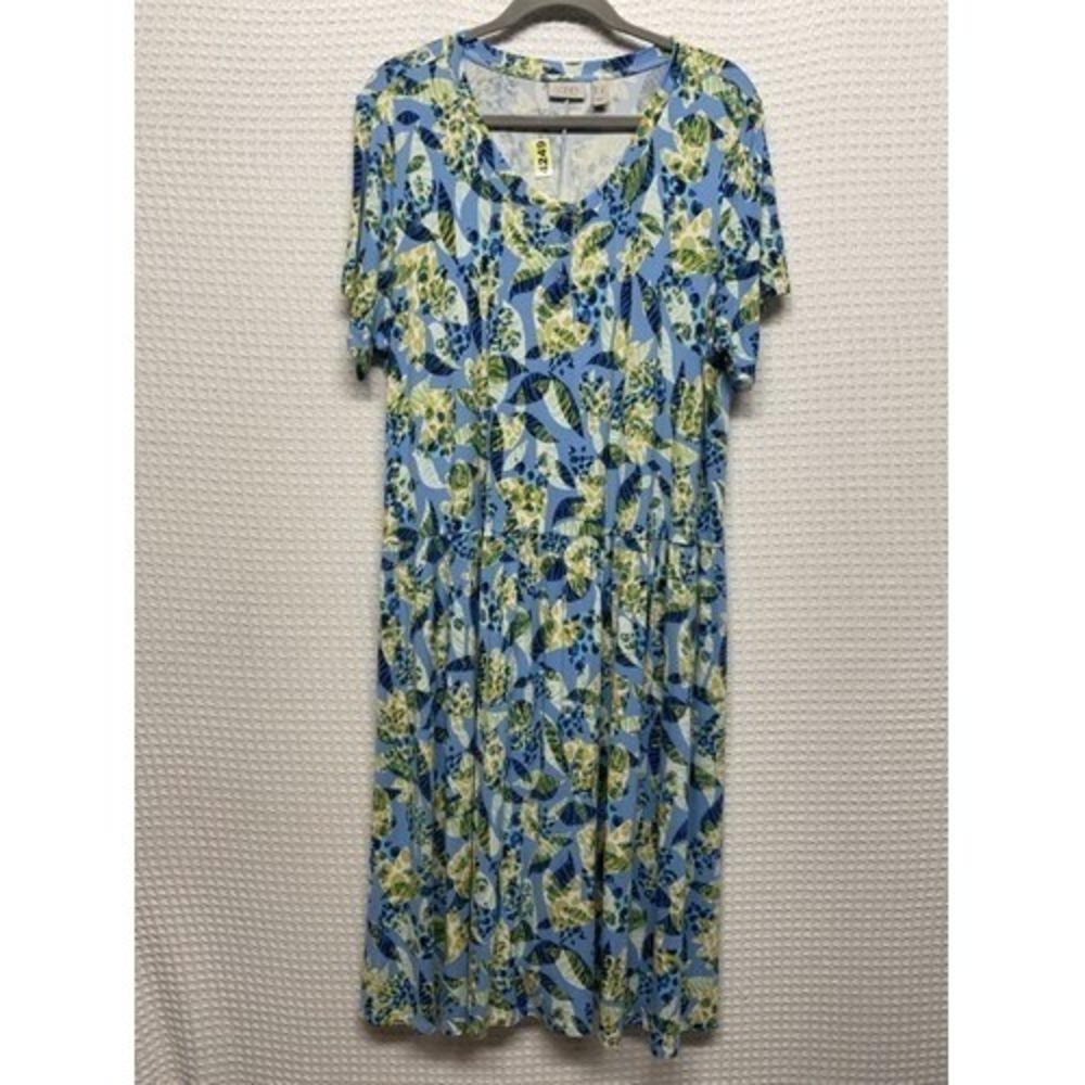 NWOT LOGO Lori Goldstein Blue Printed Stretchy V-Neck Midi Dress‎ Women 1X China